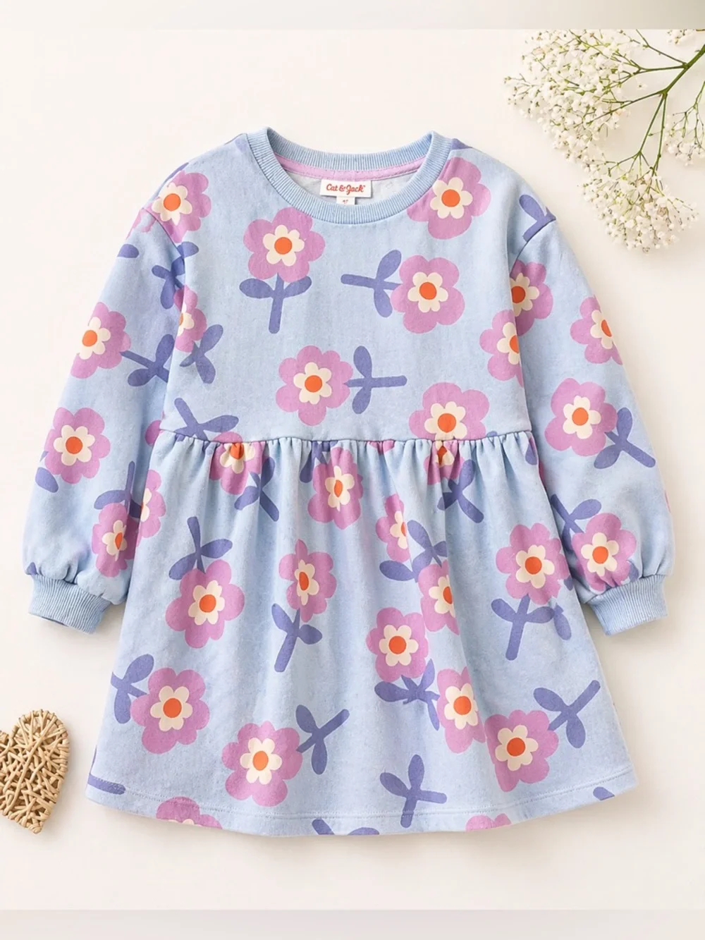 Cat & Jack Blue Floral Long Sleeve Twirl Dress with Pink & Purple Flowers 4T